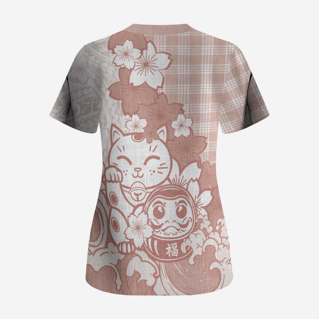 Beige Palaka Hawaiian And Japanese Scrub Top Maneki Neko And Sakura Bloom