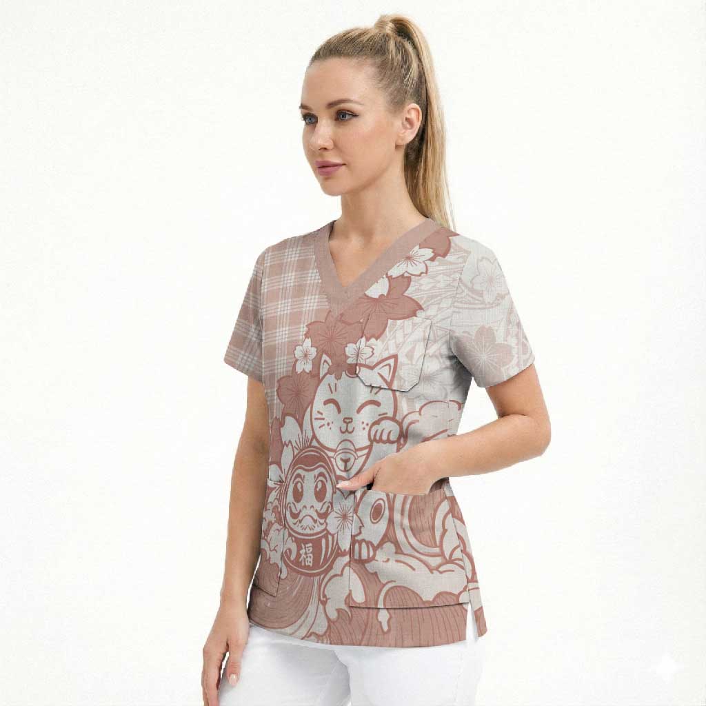 Beige Palaka Hawaiian And Japanese Scrub Top Maneki Neko And Sakura Bloom