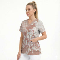 Beige Palaka Hawaiian And Japanese Scrub Top Maneki Neko And Sakura Bloom
