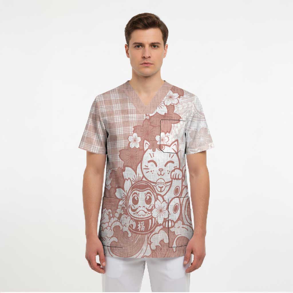 Beige Palaka Hawaiian And Japanese Scrub Top Maneki Neko And Sakura Bloom