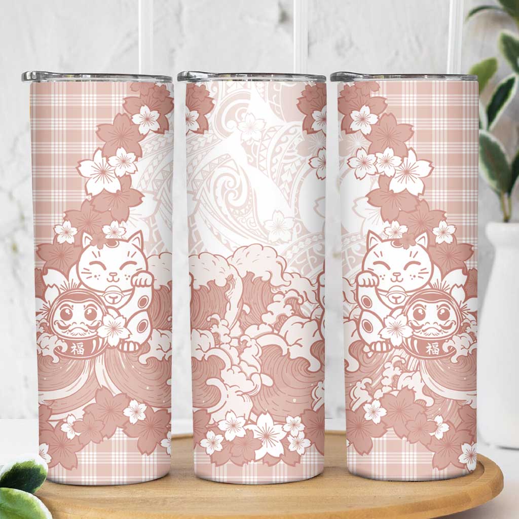 Beige Palaka Hawaiian And Japanese Skinny Tumbler Maneki Neko And Sakura Bloom