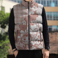 Beige Palaka Hawaiian And Japanese Sleeveless Puffer Jacket Maneki Neko And Sakura Bloom DT05 - Polynesian Pride