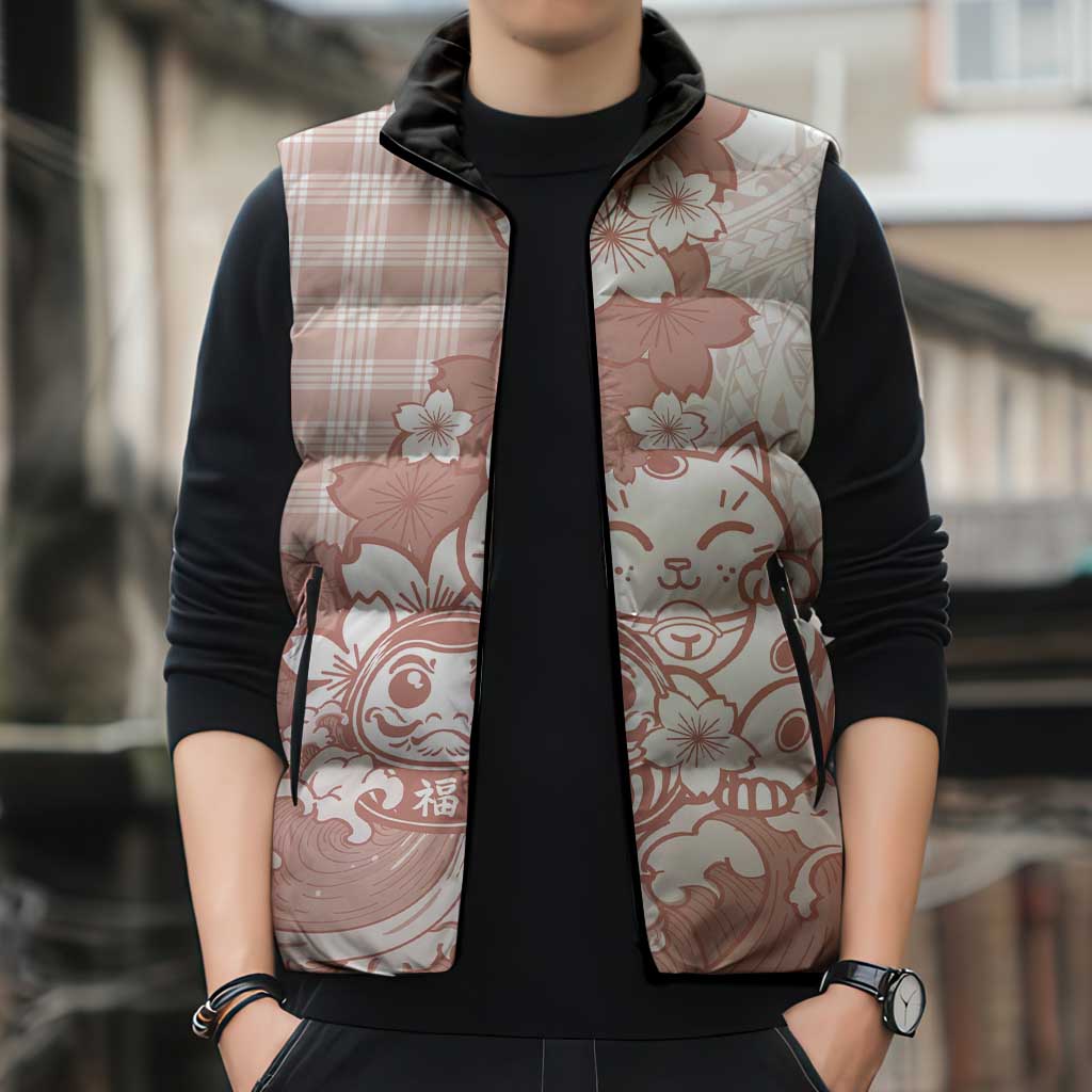 Beige Palaka Hawaiian And Japanese Sleeveless Puffer Jacket Maneki Neko And Sakura Bloom DT05 - Polynesian Pride