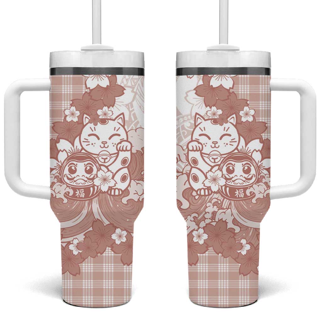 Beige Palaka Hawaiian And Japanese Tumbler With Handle Maneki Neko And Sakura Bloom