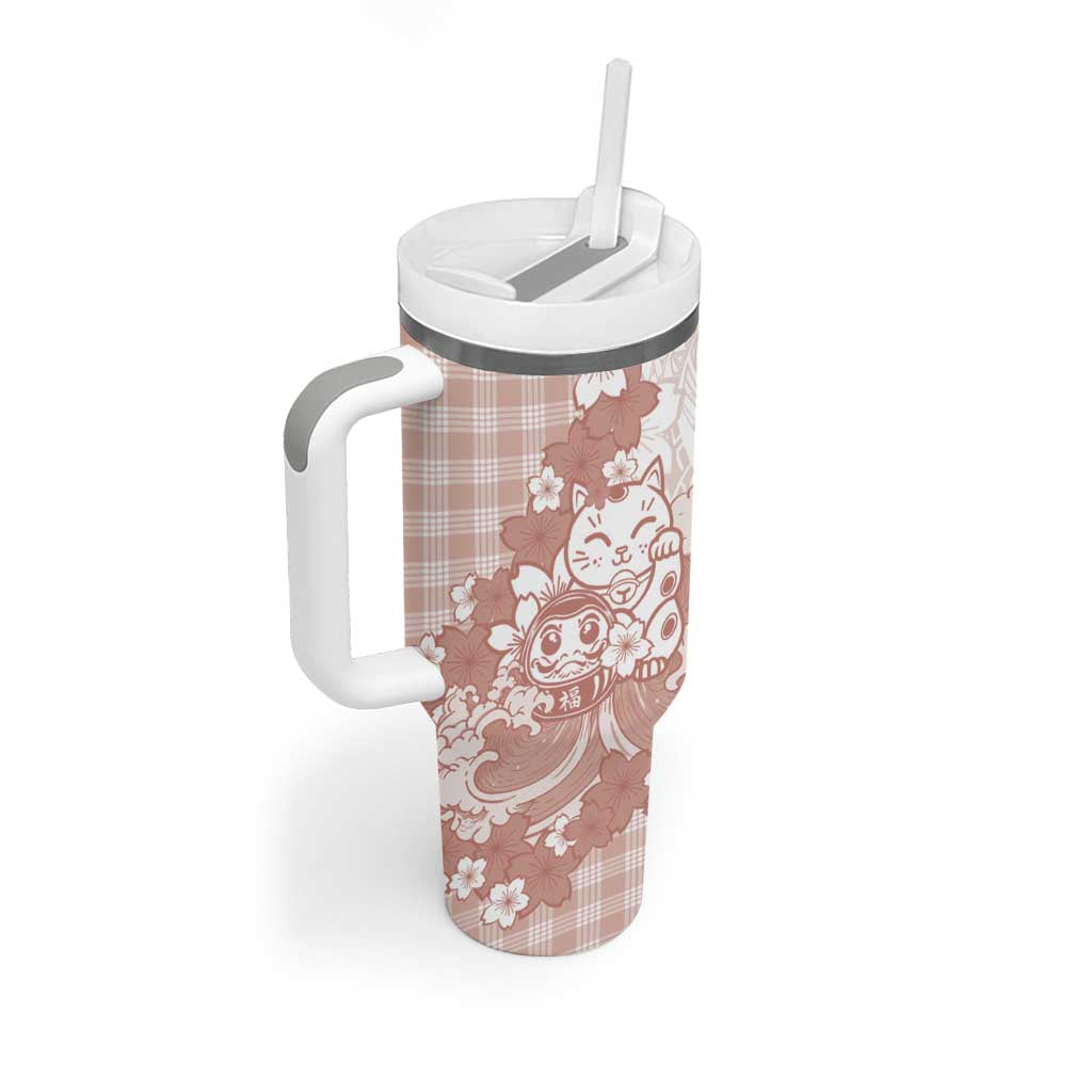 Beige Palaka Hawaiian And Japanese Tumbler With Handle Maneki Neko And Sakura Bloom