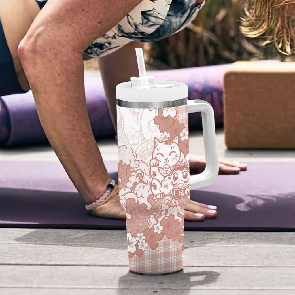 Beige Palaka Hawaiian And Japanese Tumbler With Handle Maneki Neko And Sakura Bloom