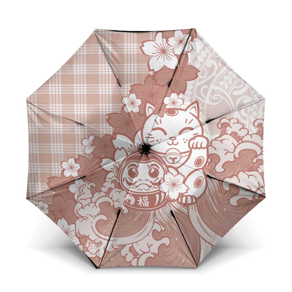 Beige Palaka Hawaiian And Japanese Umbrella Maneki Neko And Sakura Bloom
