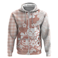 Beige Palaka Hawaiian And Japanese Zip Hoodie Maneki Neko And Sakura Bloom DT05 Zip Hoodie Beige - Polynesian Pride