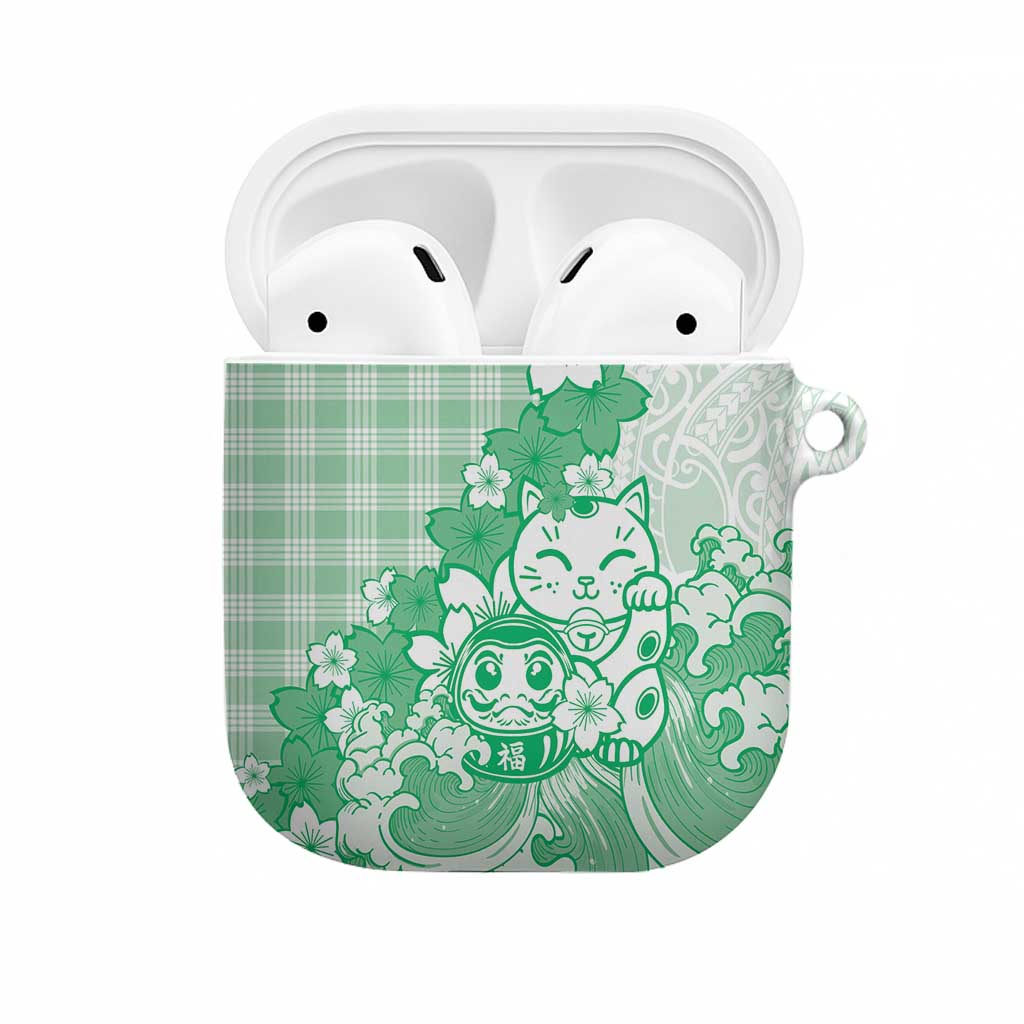 Green Palaka Hawaiian And Japanese AirPods Case Maneki Neko And Sakura Bloom DT05 Green - Polynesian Pride