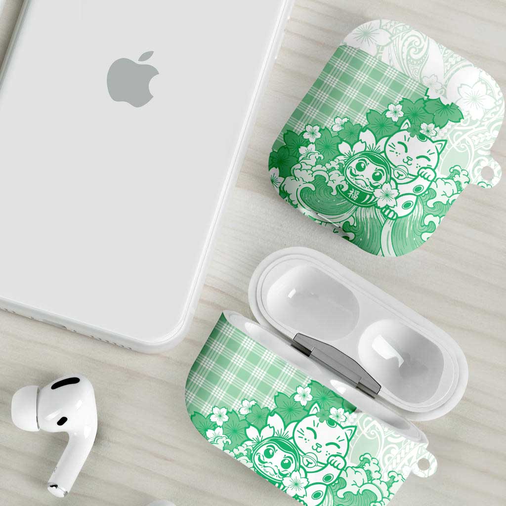 Green Palaka Hawaiian And Japanese AirPods Case Maneki Neko And Sakura Bloom DT05 - Polynesian Pride