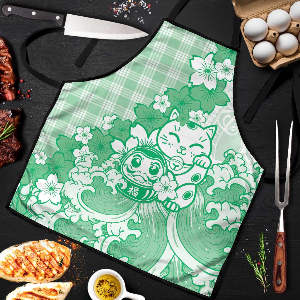Green Palaka Hawaiian And Japanese Apron Maneki Neko And Sakura Bloom