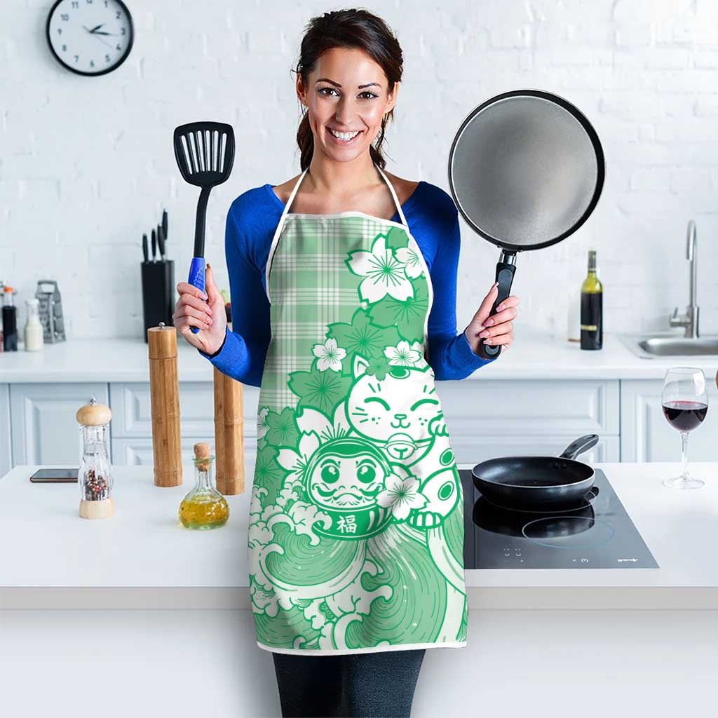 Green Palaka Hawaiian And Japanese Apron Maneki Neko And Sakura Bloom