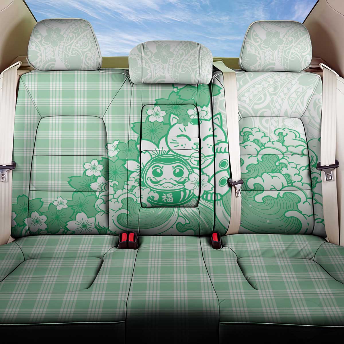 Green Palaka Hawaiian And Japanese Back Car Seat Cover Maneki Neko And Sakura Bloom