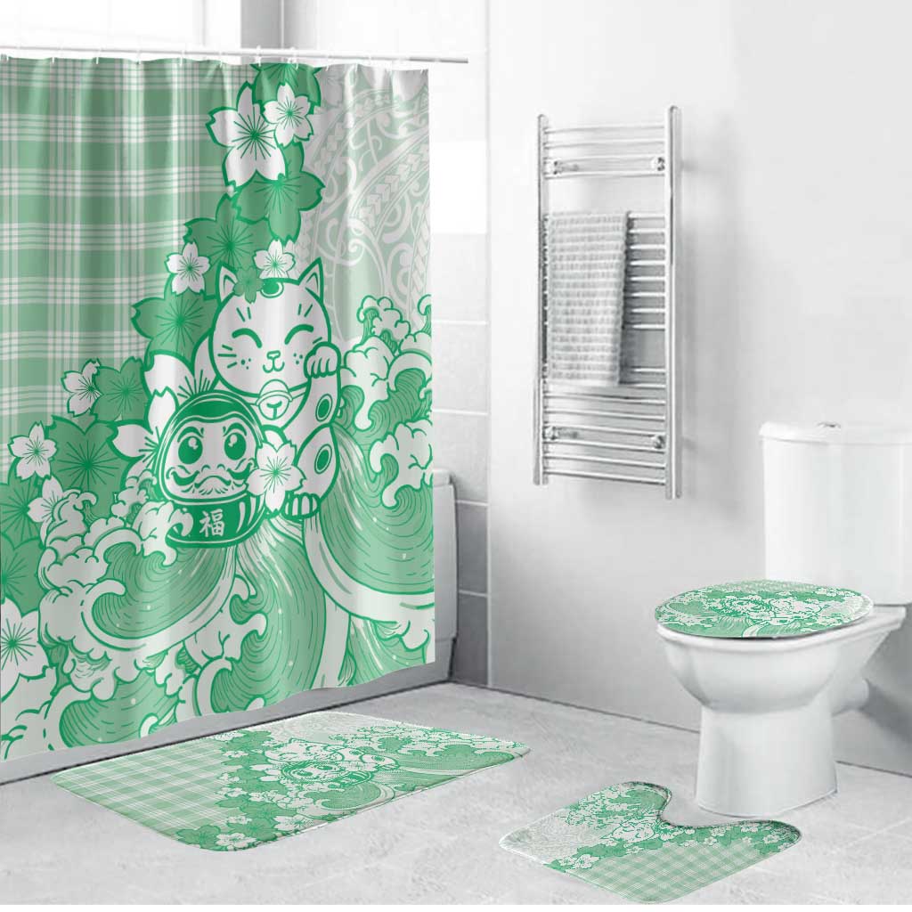 Green Palaka Hawaiian And Japanese Bathroom Set Maneki Neko And Sakura Bloom