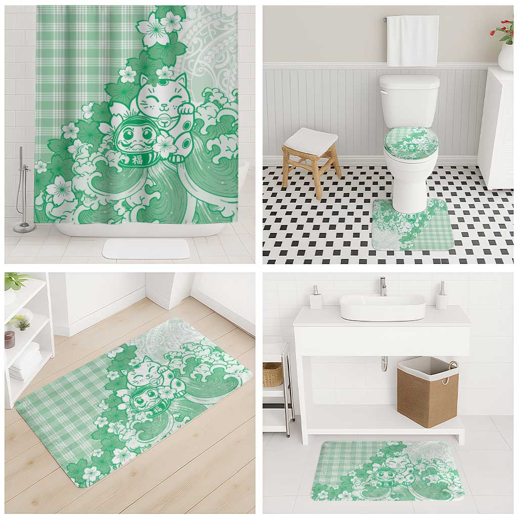 Green Palaka Hawaiian And Japanese Bathroom Set Maneki Neko And Sakura Bloom