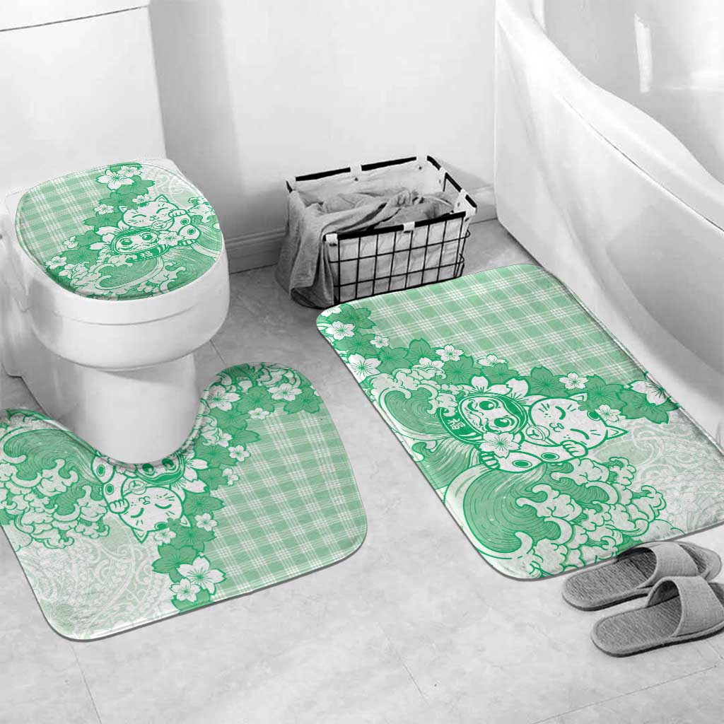 Green Palaka Hawaiian And Japanese Bathroom Set Maneki Neko And Sakura Bloom