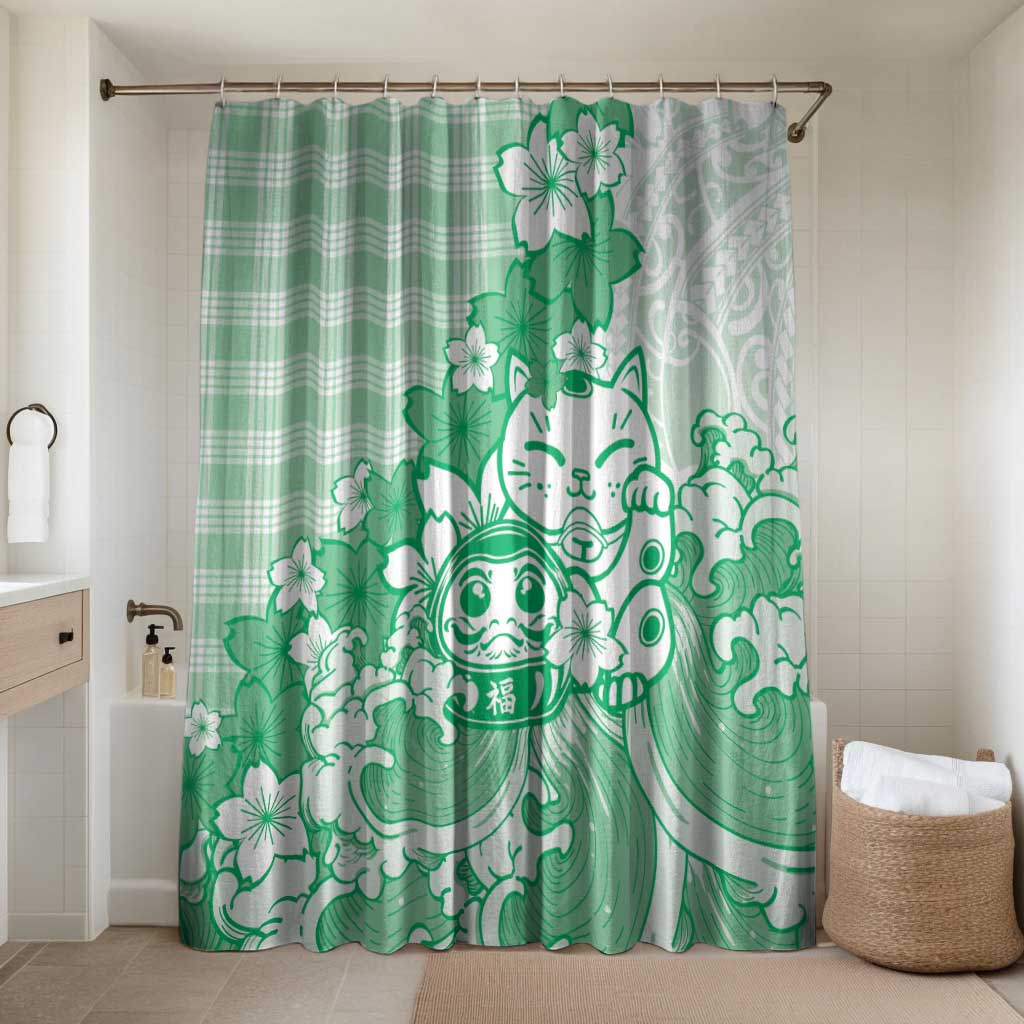 Green Palaka Hawaiian And Japanese Bathroom Set Maneki Neko And Sakura Bloom