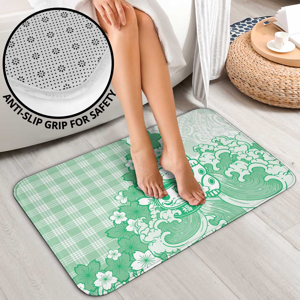 Green Palaka Hawaiian And Japanese Bathroom Set Maneki Neko And Sakura Bloom