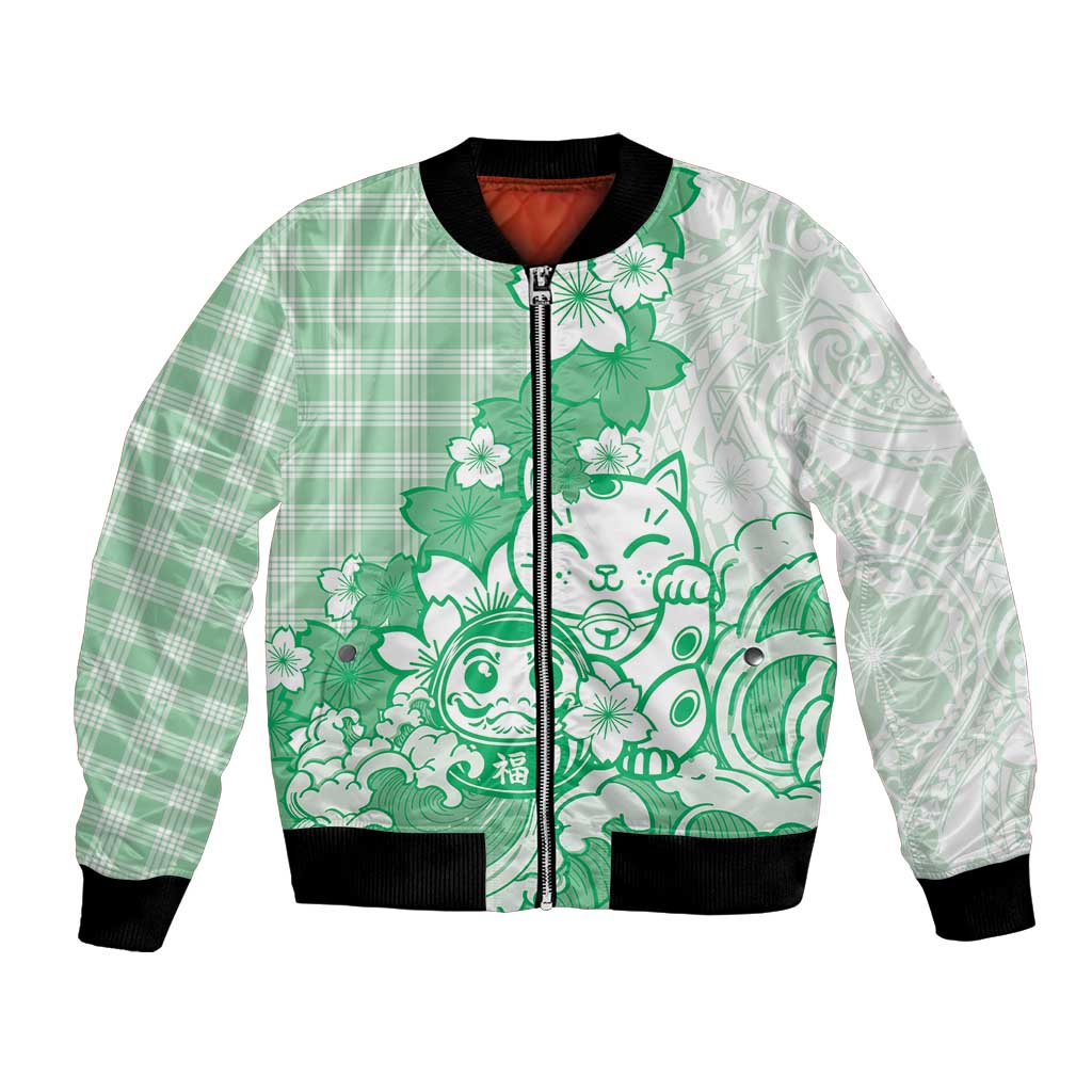 Green Palaka Hawaiian And Japanese Bomber Jacket Maneki Neko And Sakura Bloom DT05 Unisex Green - Polynesian Pride