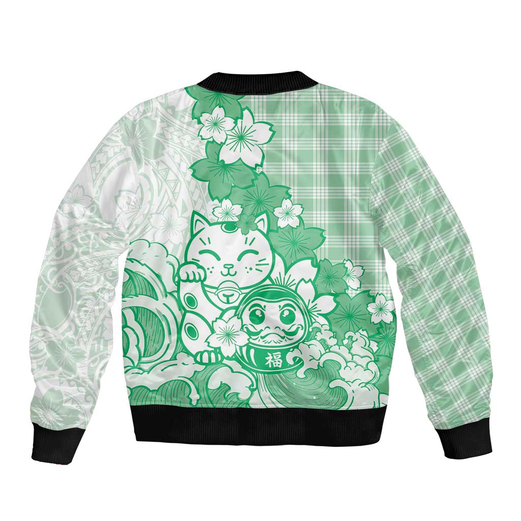 Green Palaka Hawaiian And Japanese Bomber Jacket Maneki Neko And Sakura Bloom DT05 - Polynesian Pride