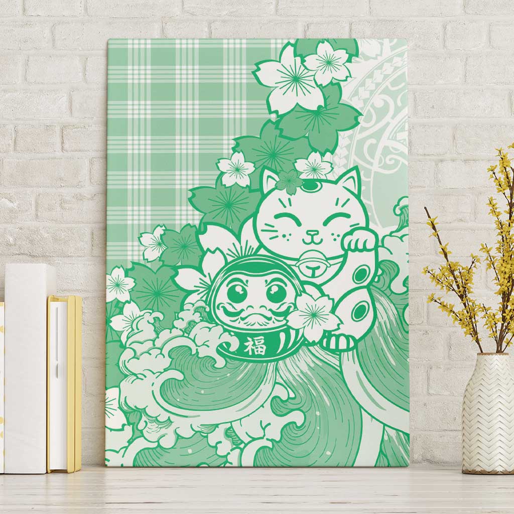 Green Palaka Hawaiian And Japanese Canvas Wall Art Maneki Neko And Sakura Bloom