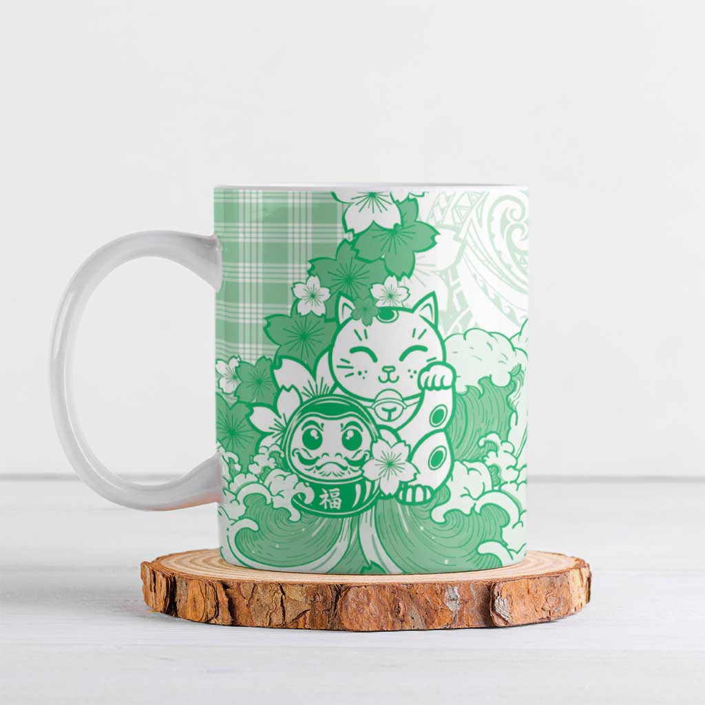 Green Palaka Hawaiian And Japanese Ceramic Mug Maneki Neko And Sakura Bloom