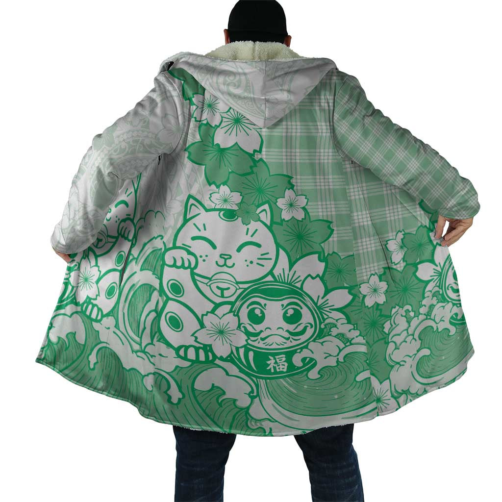 Green Palaka Hawaiian And Japanese Cloak Maneki Neko And Sakura Bloom