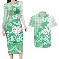 Green Palaka Hawaiian And Japanese Couples Matching Long Sleeve Bodycon Dress and Hawaiian Shirt Maneki Neko And Sakura Bloom
