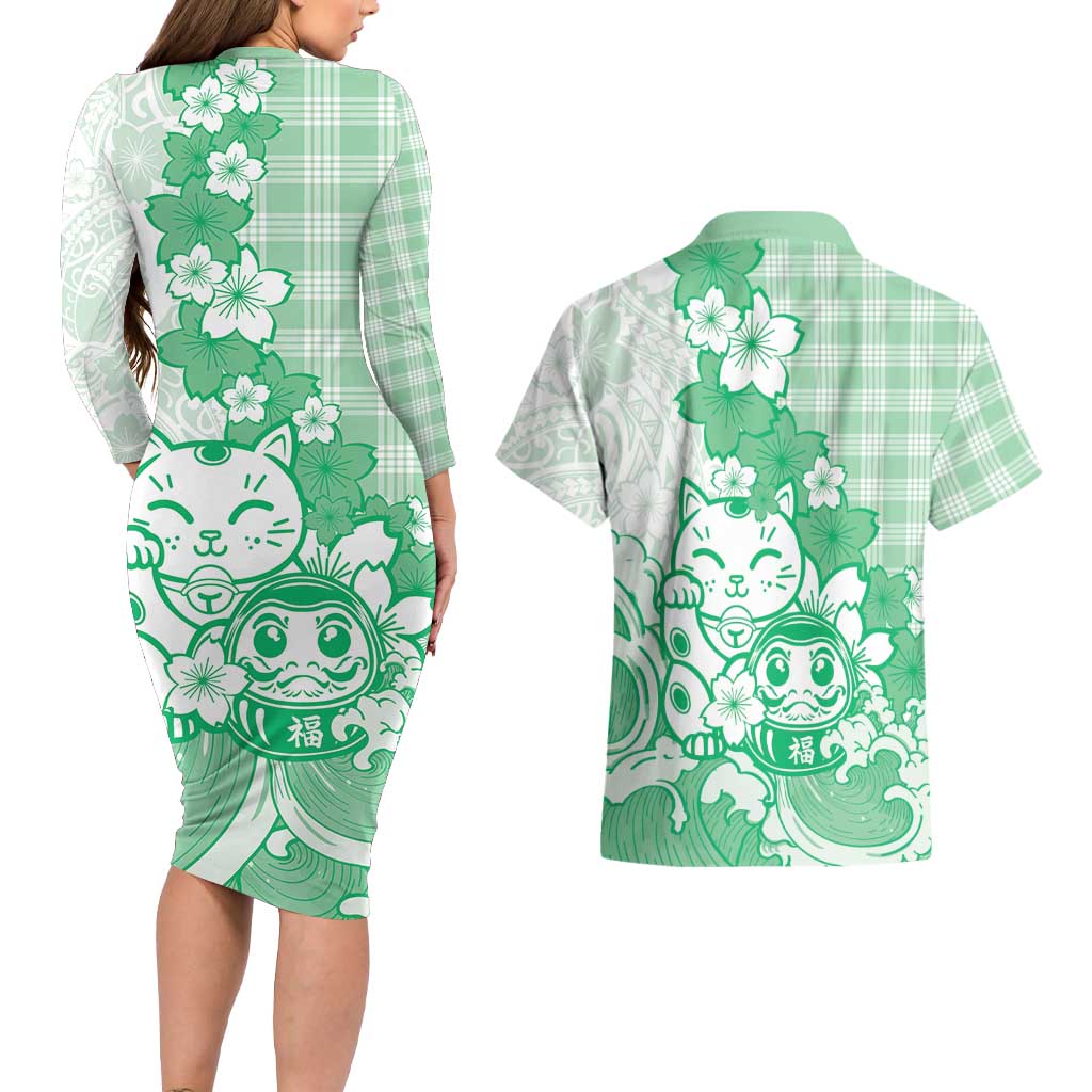 Green Palaka Hawaiian And Japanese Couples Matching Long Sleeve Bodycon Dress and Hawaiian Shirt Maneki Neko And Sakura Bloom