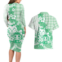 Green Palaka Hawaiian And Japanese Couples Matching Long Sleeve Bodycon Dress and Hawaiian Shirt Maneki Neko And Sakura Bloom