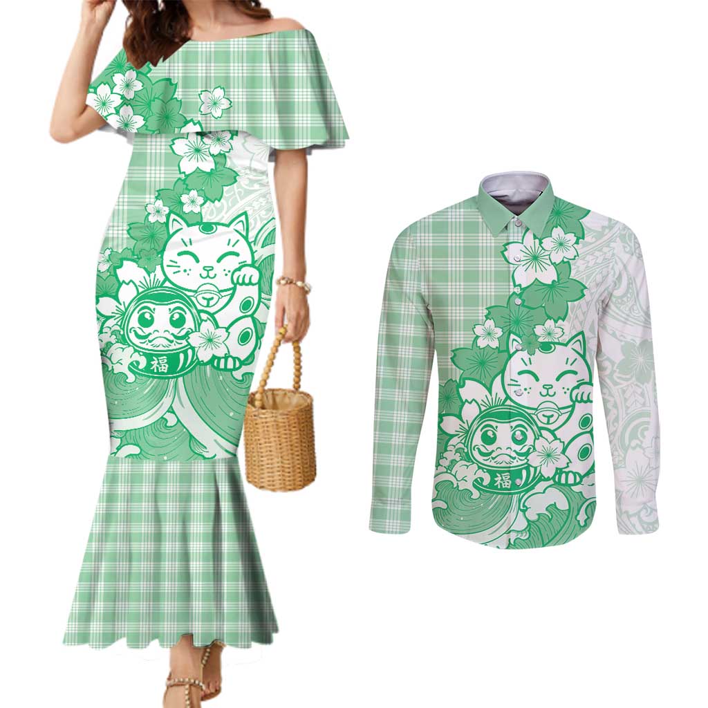 Green Palaka Hawaiian And Japanese Couples Matching Mermaid Dress and Long Sleeve Button Shirt Maneki Neko And Sakura Bloom