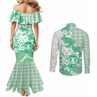 Green Palaka Hawaiian And Japanese Couples Matching Mermaid Dress and Long Sleeve Button Shirt Maneki Neko And Sakura Bloom