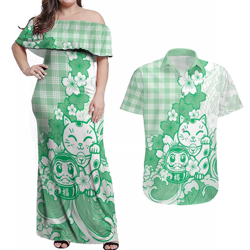 Green Palaka Hawaiian And Japanese Couples Matching Off Shoulder Maxi Dress and Hawaiian Shirt Maneki Neko And Sakura Bloom