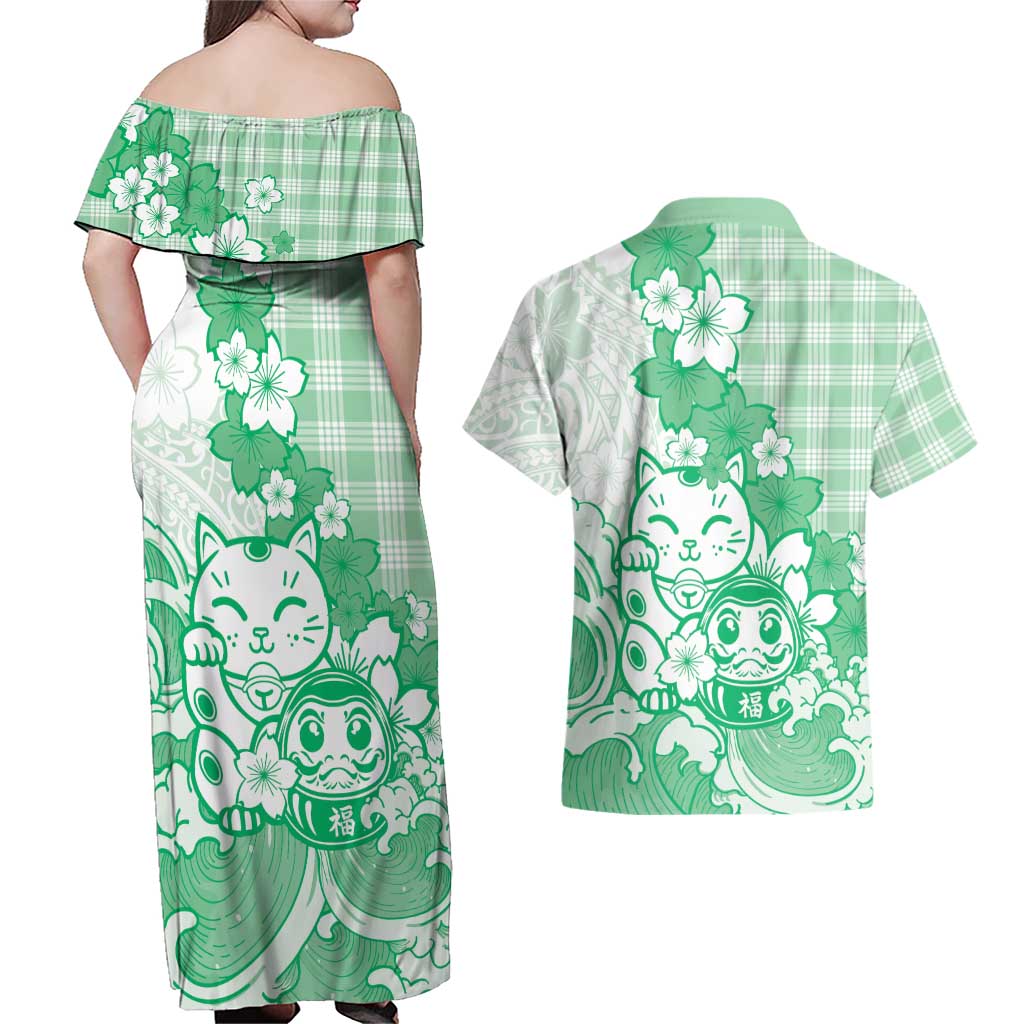 Green Palaka Hawaiian And Japanese Couples Matching Off Shoulder Maxi Dress and Hawaiian Shirt Maneki Neko And Sakura Bloom