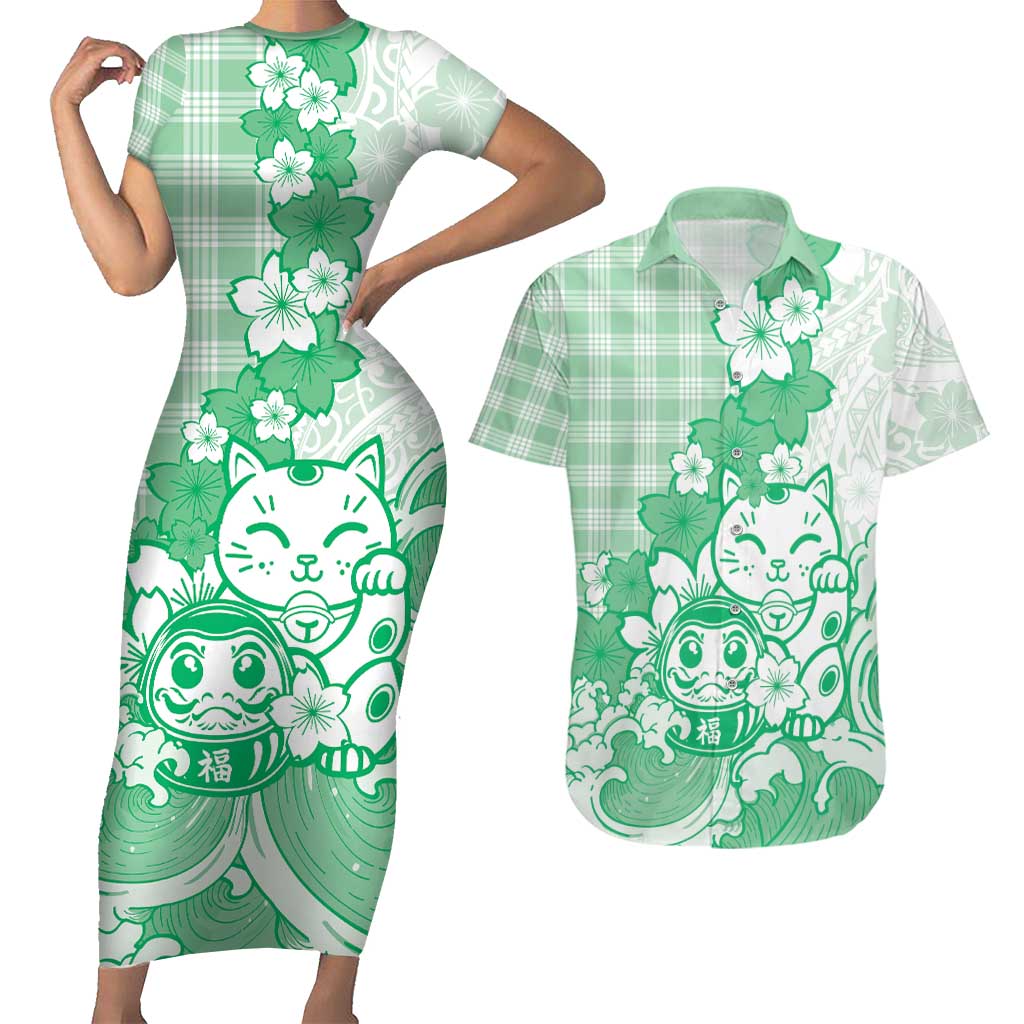 Green Palaka Hawaiian And Japanese Couples Matching Short Sleeve Bodycon Dress and Hawaiian Shirt Maneki Neko And Sakura Bloom DT05 Green - Polynesian Pride