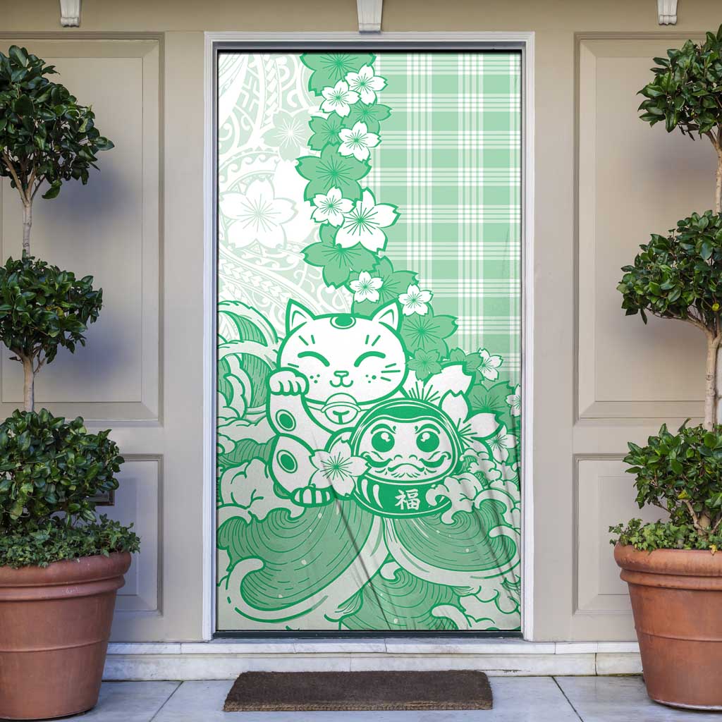 Green Palaka Hawaiian And Japanese Door Cover Maneki Neko And Sakura Bloom