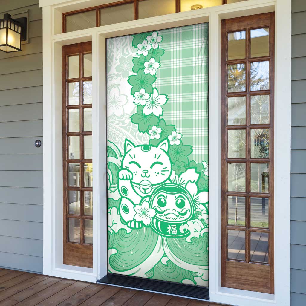 Green Palaka Hawaiian And Japanese Door Cover Maneki Neko And Sakura Bloom