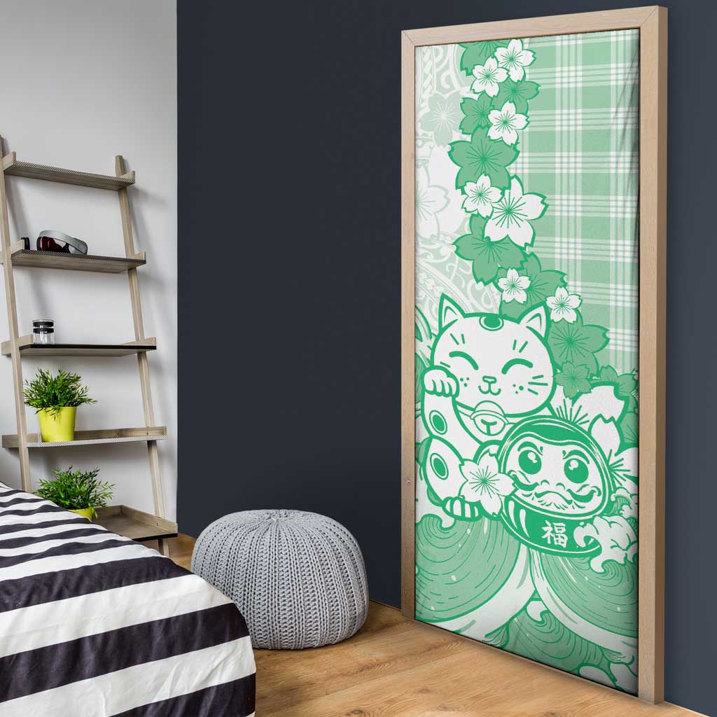 Green Palaka Hawaiian And Japanese Door Cover Maneki Neko And Sakura Bloom