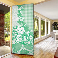 Green Palaka Hawaiian And Japanese Door Cover Maneki Neko And Sakura Bloom