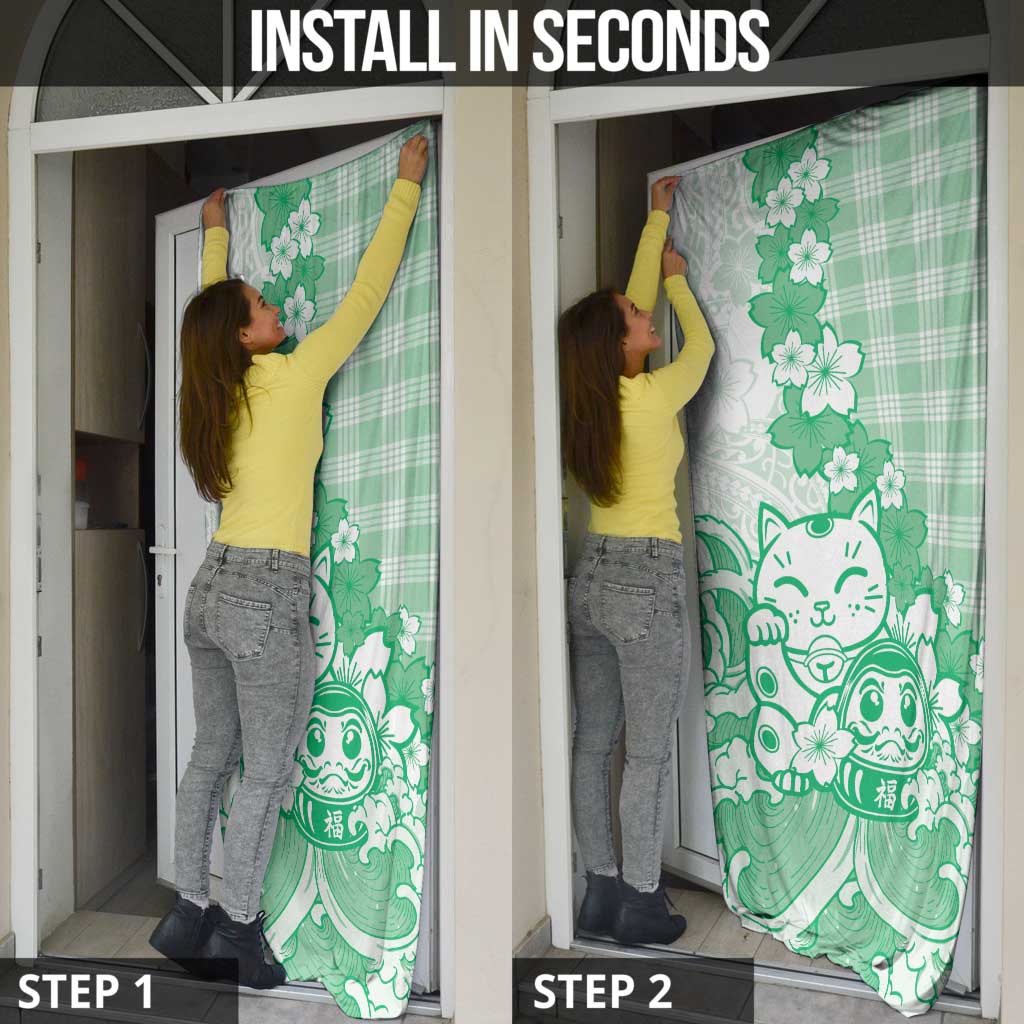 Green Palaka Hawaiian And Japanese Door Cover Maneki Neko And Sakura Bloom