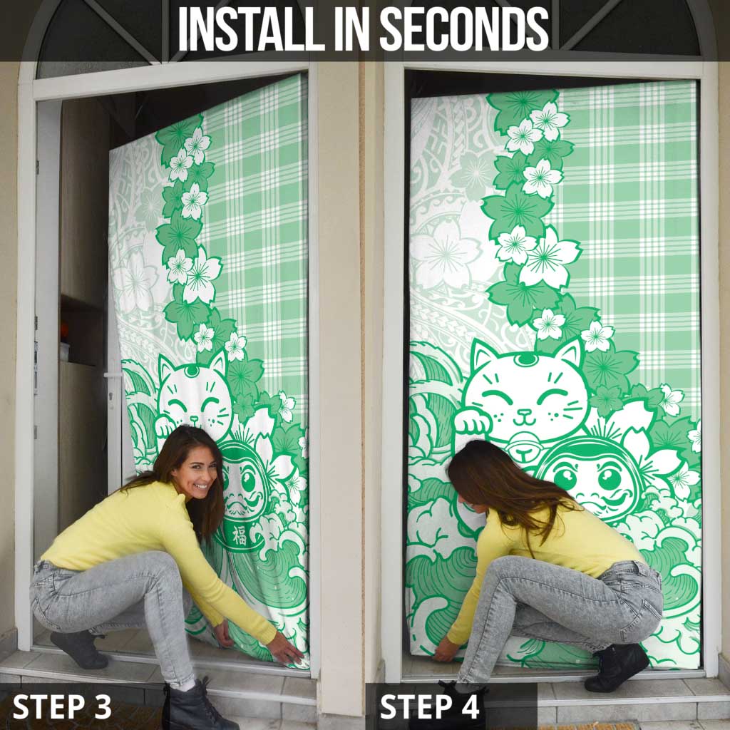 Green Palaka Hawaiian And Japanese Door Cover Maneki Neko And Sakura Bloom