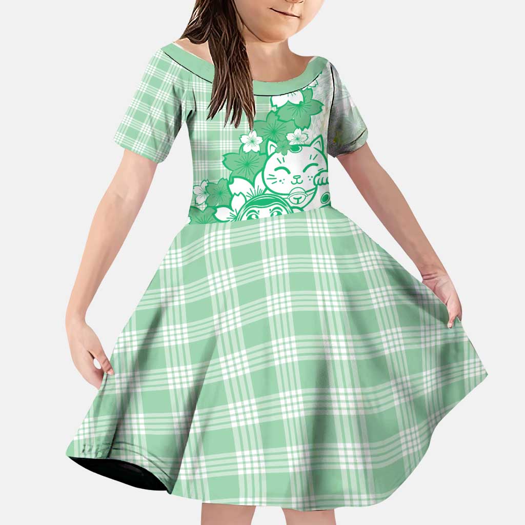Green Palaka Hawaiian And Japanese Family Matching Long Sleeve Bodycon Dress and Hawaiian Shirt Maneki Neko And Sakura Bloom DT05 Daughter's Dress Green - Polynesian Pride