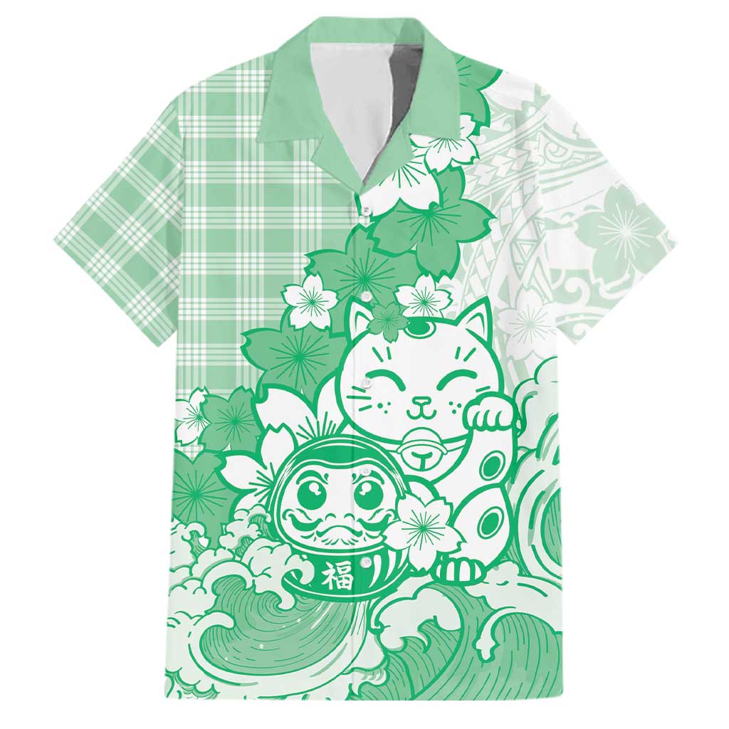 Green Palaka Hawaiian And Japanese Family Matching Off The Shoulder Long Sleeve Dress and Hawaiian Shirt Maneki Neko And Sakura Bloom DT05 Dad's Shirt - Short Sleeve Green - Polynesian Pride