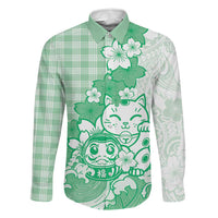 Green Palaka Hawaiian And Japanese Family Matching Short Sleeve Bodycon Dress and Hawaiian Shirt Maneki Neko And Sakura Bloom DT05 Dad's Shirt - Long Sleeve Green - Polynesian Pride