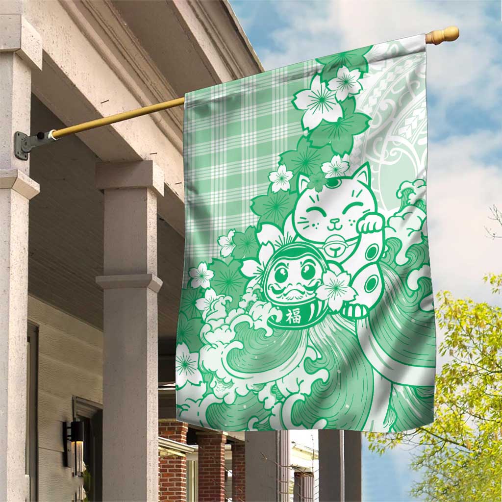 Green Palaka Hawaiian And Japanese Garden Flag Maneki Neko And Sakura Bloom