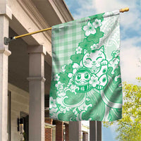 Green Palaka Hawaiian And Japanese Garden Flag Maneki Neko And Sakura Bloom