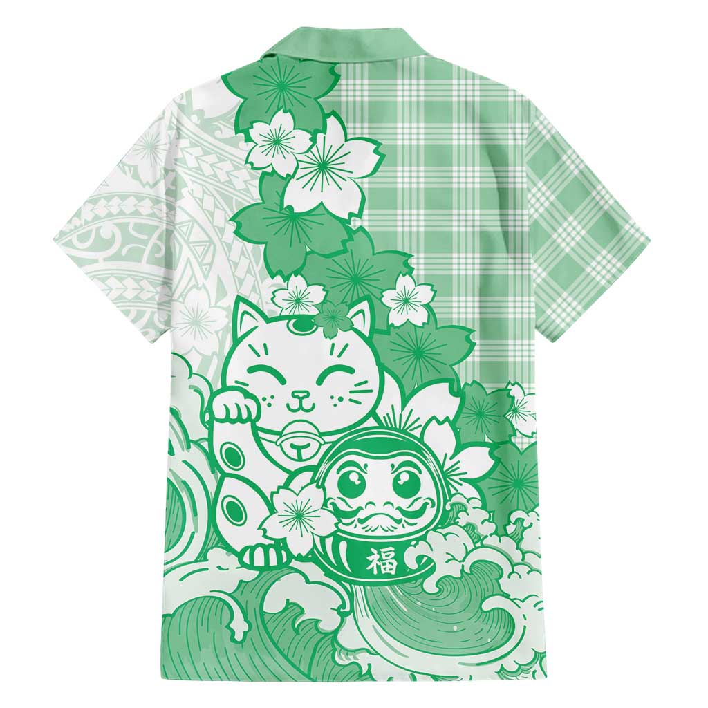 Green Palaka Hawaiian And Japanese Hawaiian Shirt Maneki Neko And Sakura Bloom DT05 - Polynesian Pride