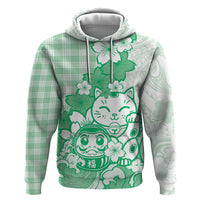 Green Palaka Hawaiian And Japanese Hoodie Maneki Neko And Sakura Bloom