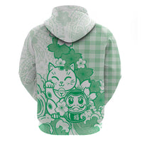 Green Palaka Hawaiian And Japanese Hoodie Maneki Neko And Sakura Bloom