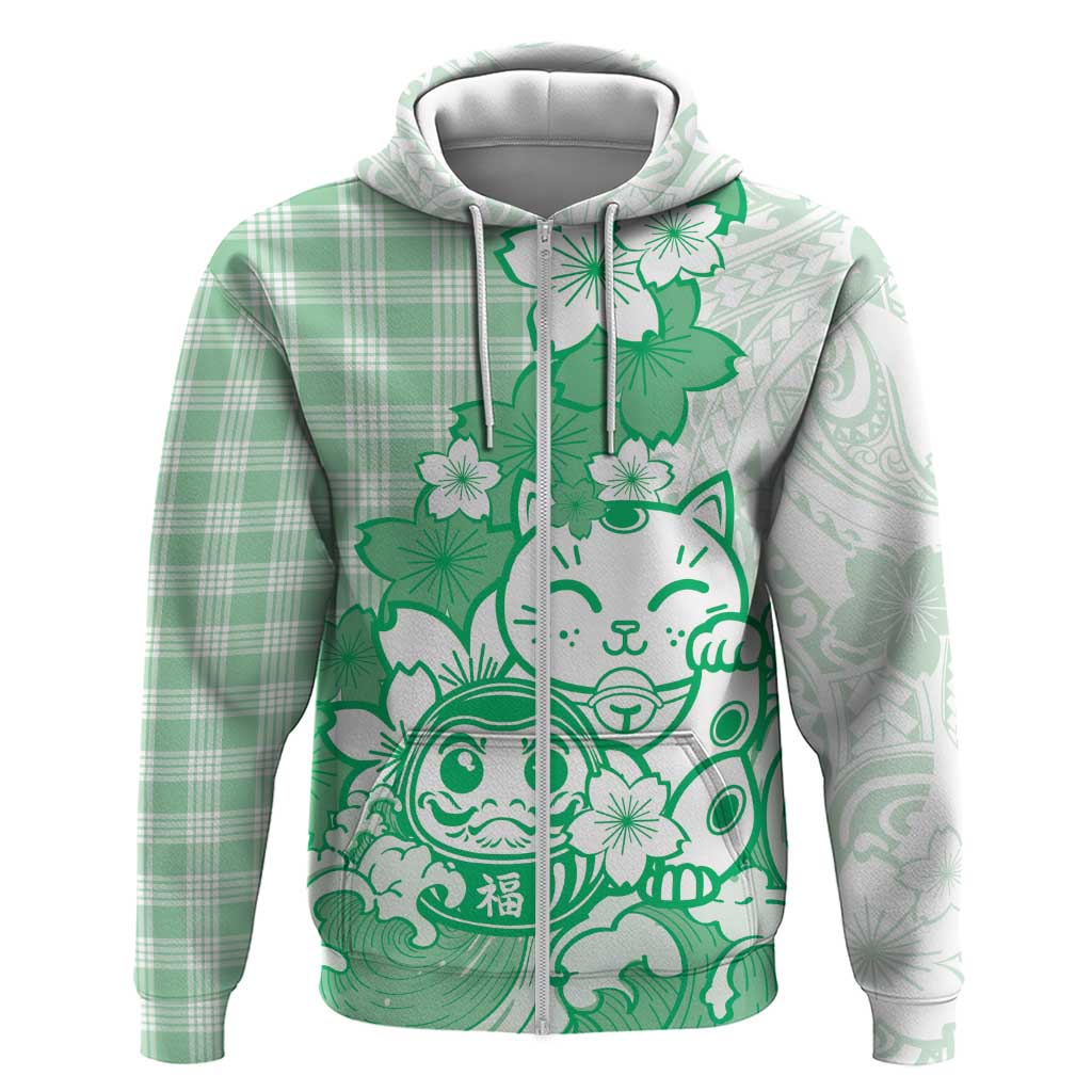 Green Palaka Hawaiian And Japanese Hoodie Maneki Neko And Sakura Bloom